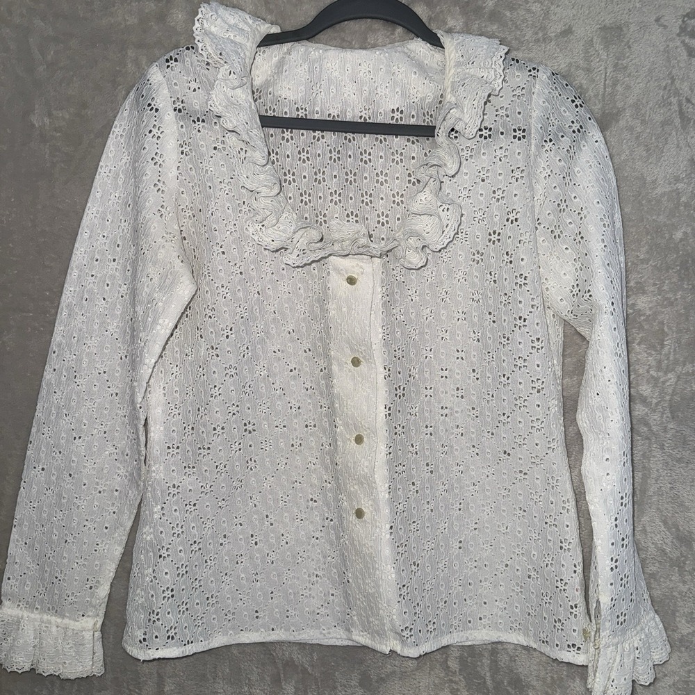 Women's VTG 70s Victorian Style Coquette White Ruffled Sheer Lace Blouse Large - Picture 1 of 11
